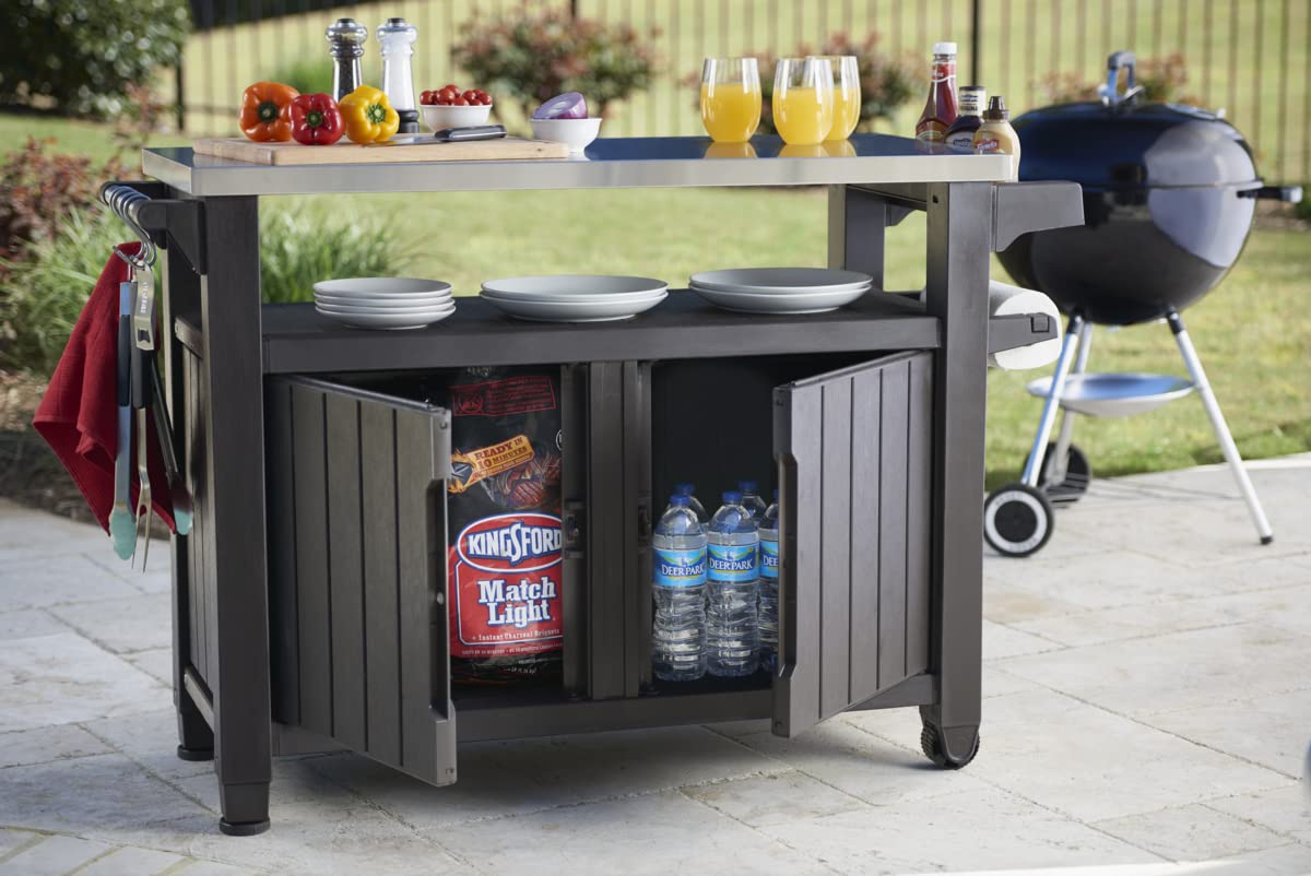 Keter Unity XL BBQ Side Table, Dimensions 134 x 51.7 x 89.6 cm, Grey, Weatherproof, Stainless Steel Worktop, Outdoor Sideboard, Perfect for Grilling in Spring