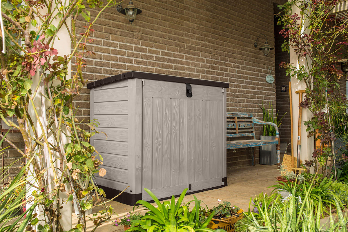Keter Store It Out Pro Outdoor Garden Furniture Storage Shed Beige with Brown Lid Fade Free All Weather Resistant Safe and Secure Zero Maintenance 5 year Warranty