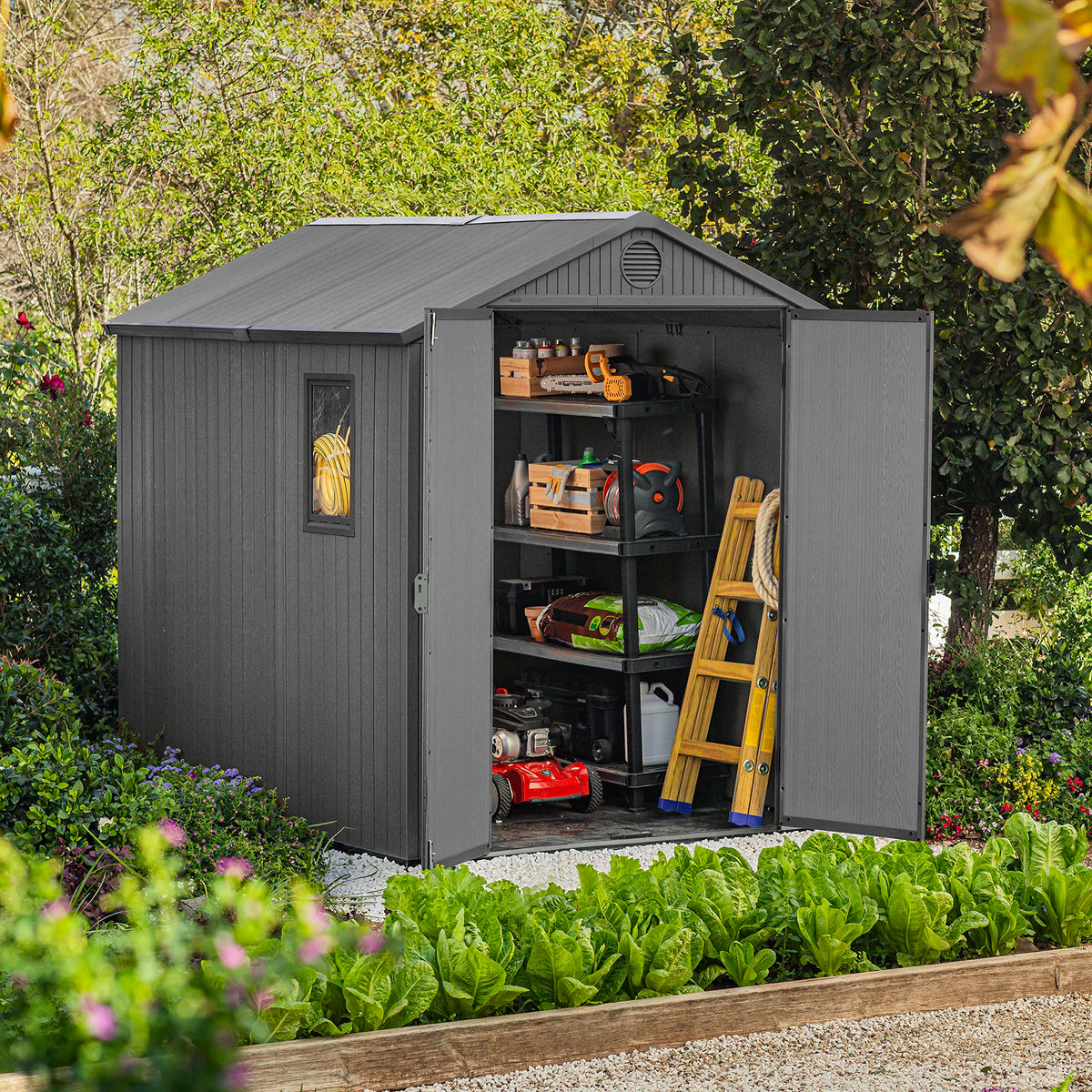 Keter Darwin Outdoor Apex Double Door Garden Storage Shed 6 x 8ft Grey Evotech+ Wood Look and Feel | Fade Free | All Weather Resistant | Safe and Secure | Zero Maintenance | 15 year Warranty