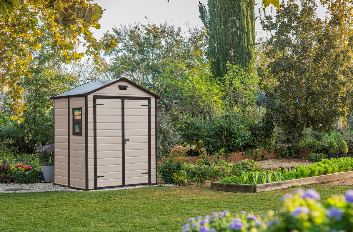 Keter Manor Outdoor Apex Double Door Garden Storage Shed 6 x 5ft Beige Brown Wood effect | Fade Free | All Weather Resistant | Safe and Secure | Zero Maintenance | 15 year Warranty