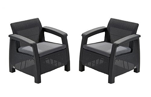 Keter GF06784 Corfu Outdoor 4 Seater Rattan Sofa Furniture Set with Accent Table - Graphite with Cream/Mushroom Cushions