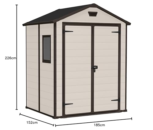 Keter Manor Outdoor Apex Double Door Garden Storage Shed 6 x 5ft Beige Brown Wood effect | Fade Free | All Weather Resistant | Safe and Secure | Zero Maintenance | 15 year Warranty