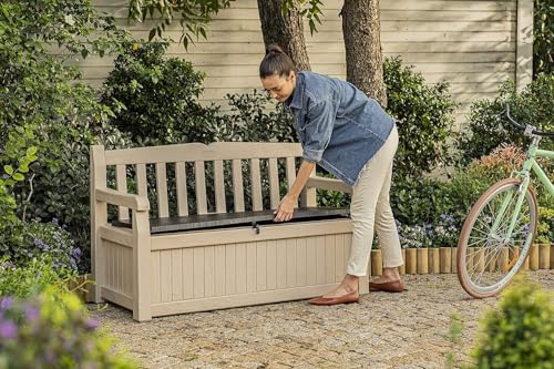 Keter Eden Bench 265L Outdoor 60% recycled Garden Furniture Storage Box Beige & Brown Wood Panel Effect | Fade Free | All Weather Resistant | Safe and Secure | Zero Maintenance | 2 year Warranty