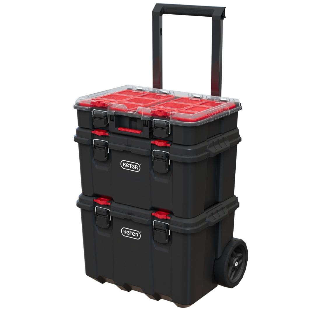 Keter Stack n' Roll Modular DIY Tool Storage System Cart with Wheels, Stackable, Lightweight, Durable, Water Resistant, Black