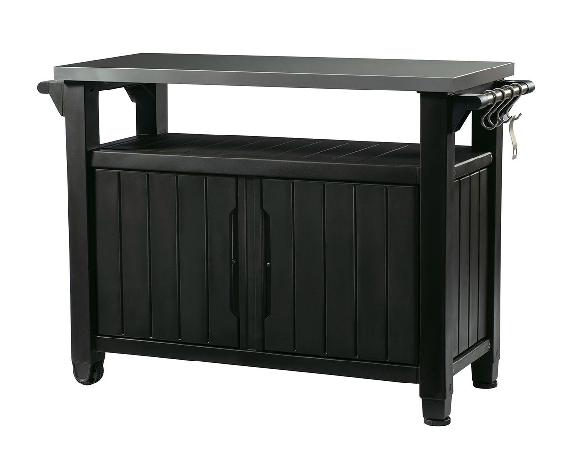 Keter Unity XL Outdoor Portable Table and Storage Cabinet with Hooks for Grill Accessories Stainless Steel Top for Patio, Kitchen, Island or Bar Cart, Dark Grey
