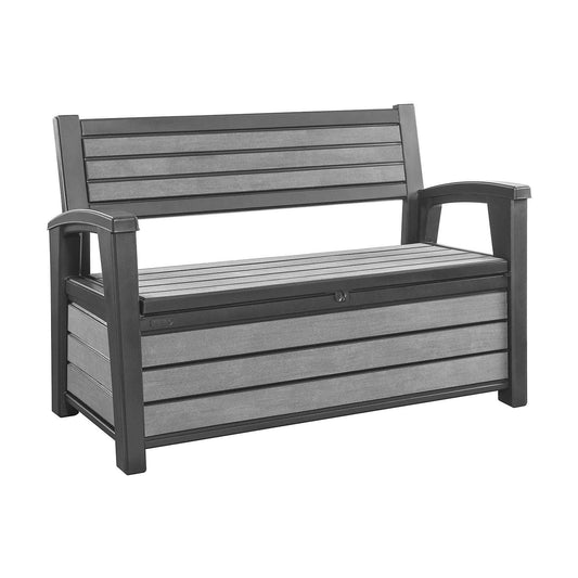 Keter Hudson 60 Gallon Capacity Plastic Resin Weather Resistant Outdoor Home Backyard Storage Bench/Deck Box Chest Patio Furniture, Gray