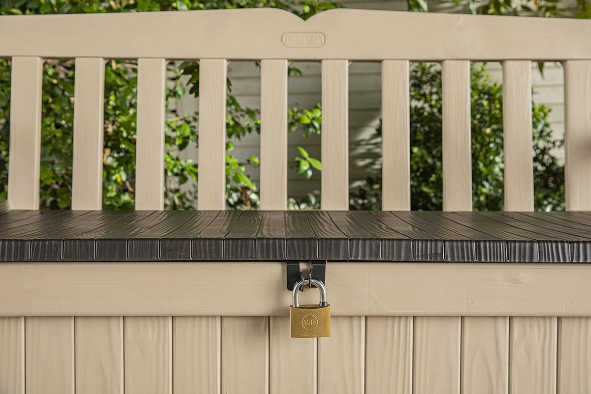 Keter Eden Bench 265L Outdoor 60% recycled Garden Furniture Storage Box Beige & Brown Wood Panel Effect | Fade Free | All Weather Resistant | Safe and Secure | Zero Maintenance | 2 year Warranty