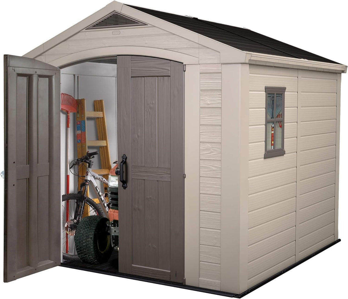 Keter Factor Outdoor Plastic Garden Storage Shed, Beige, 8 x 8 ft
