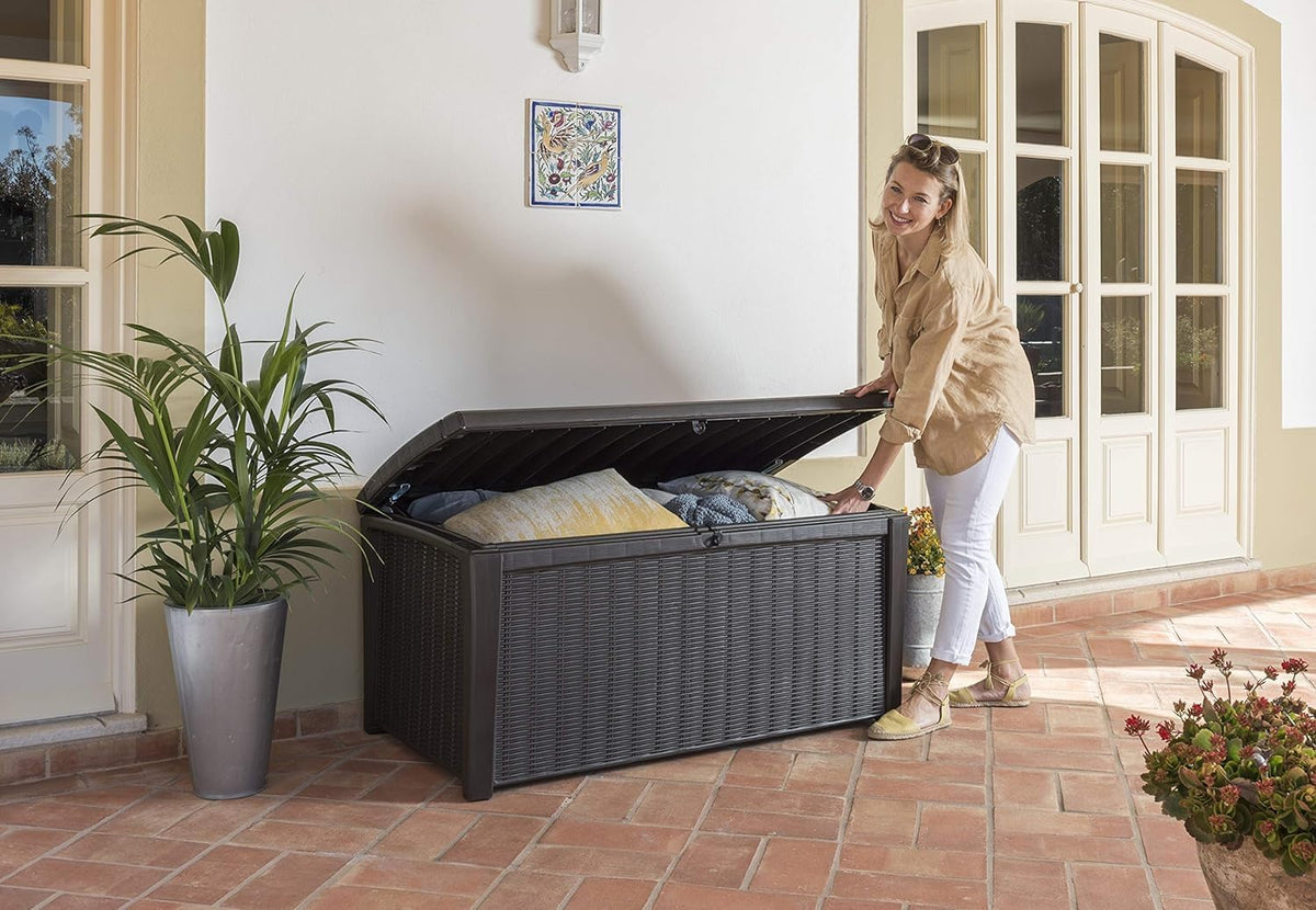 Keter Borneo 416L Outdoor 60% recycled Garden Furniture Storage Box Brown Rattan Effect | Fade Free | All Weather Resistant | Safe and Secure | Zero Maintenance | 2 year Warranty