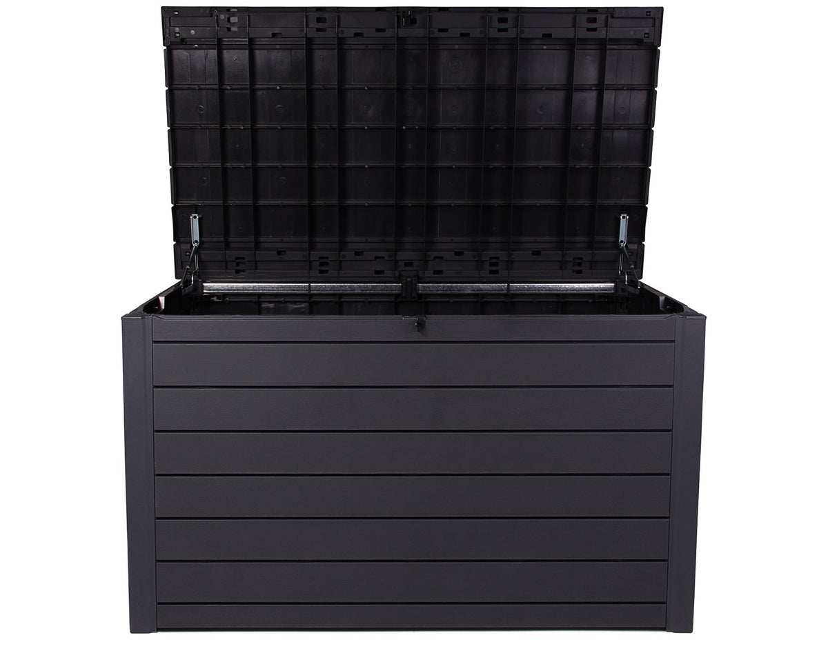Keter Ontario XXL Cushion Box, Storage Box, Anthracite, 870 Litres, Wood Look with Gas Pressure Springs, Approx. 146 x 82 x 86 (H) cm