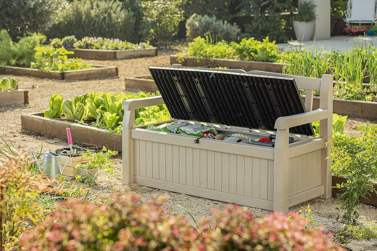Keter Eden Bench 265L Outdoor 60% recycled Garden Furniture Storage Box Beige & Brown Wood Panel Effect | Fade Free | All Weather Resistant | Safe and Secure | Zero Maintenance | 2 year Warranty