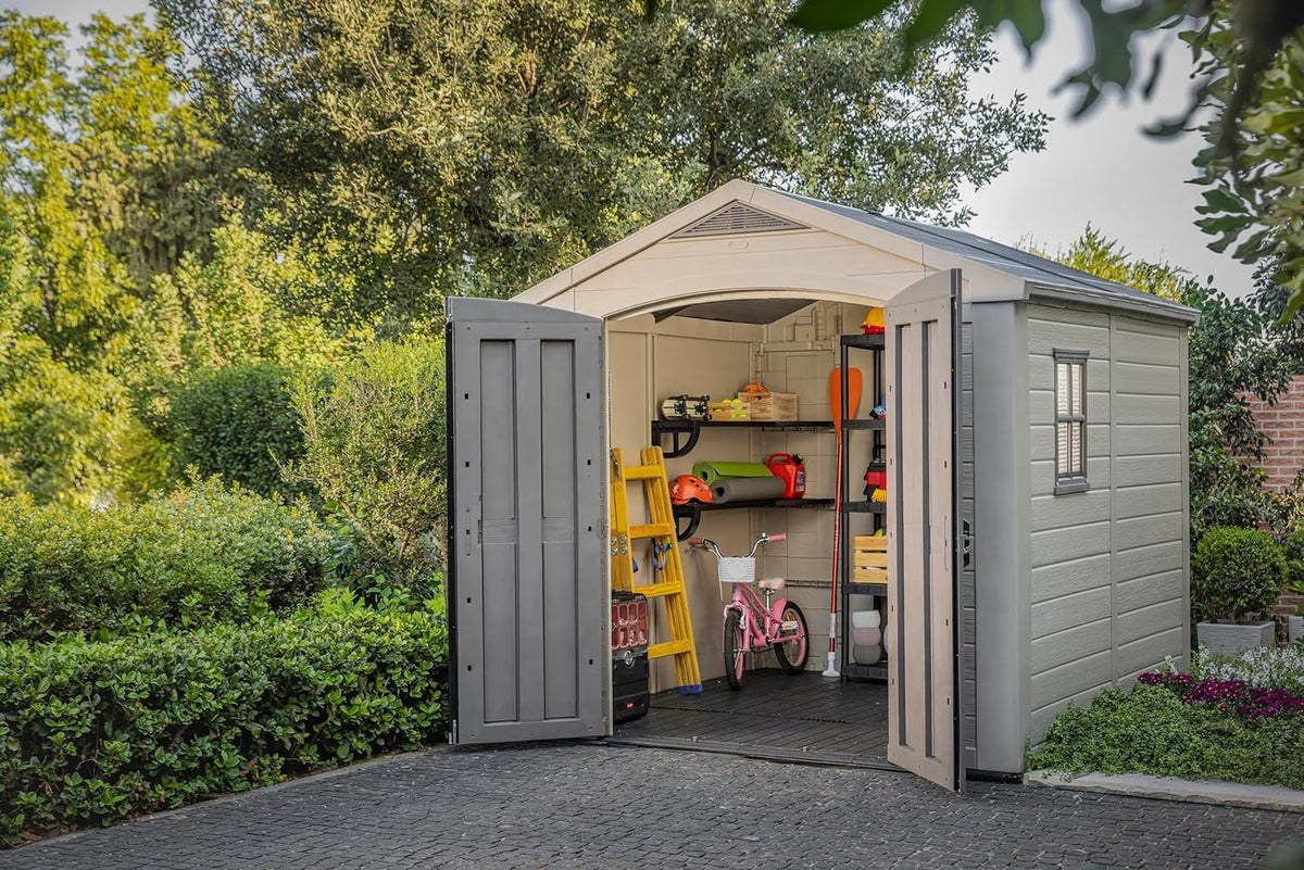 Keter Factor Outdoor Plastic Garden Storage Shed, Beige, 8 x 8 ft