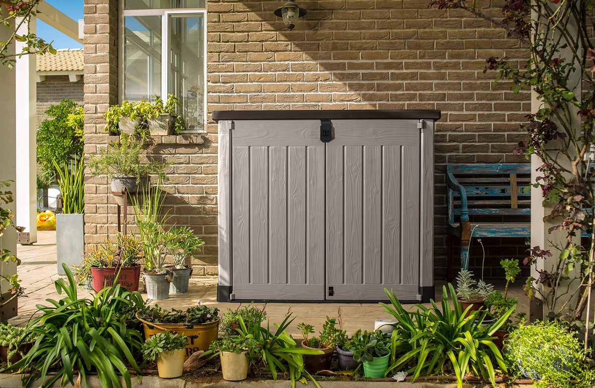 Keter Store It Out Pro Outdoor Garden Furniture Storage Shed Beige with Brown Lid Fade Free All Weather Resistant Safe and Secure Zero Maintenance 5 year Warranty