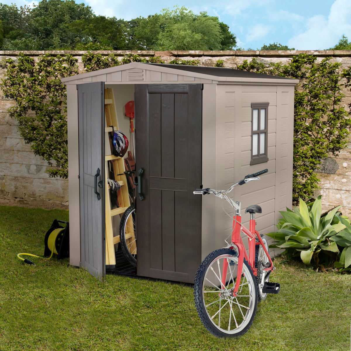 Keter Factor Outdoor Apex Double Door Garden Storage Shed 6 x 6ft Beige Brown Wood effect | Fade Free | All Weather Resistant | Safe and Secure | Zero Maintenance | 15 year Warranty