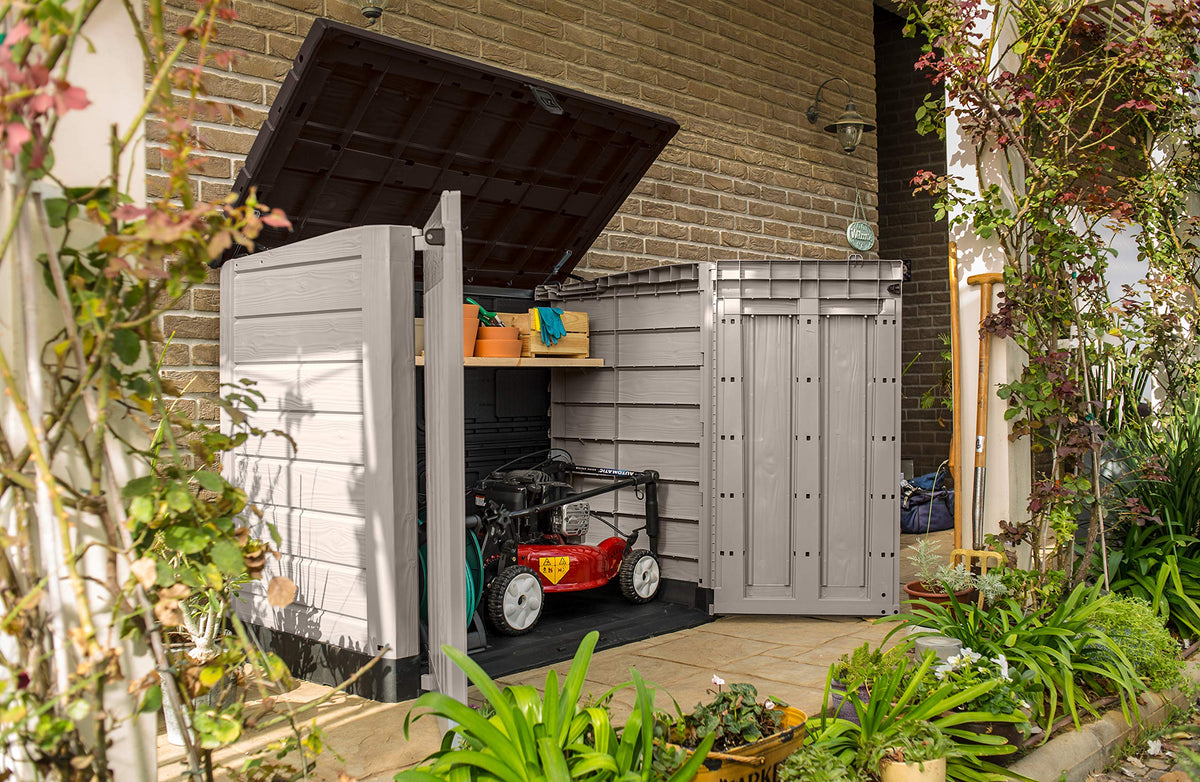 Keter Store It Out Pro Outdoor Garden Furniture Storage Shed Beige with Brown Lid Fade Free All Weather Resistant Safe and Secure Zero Maintenance 5 year Warranty