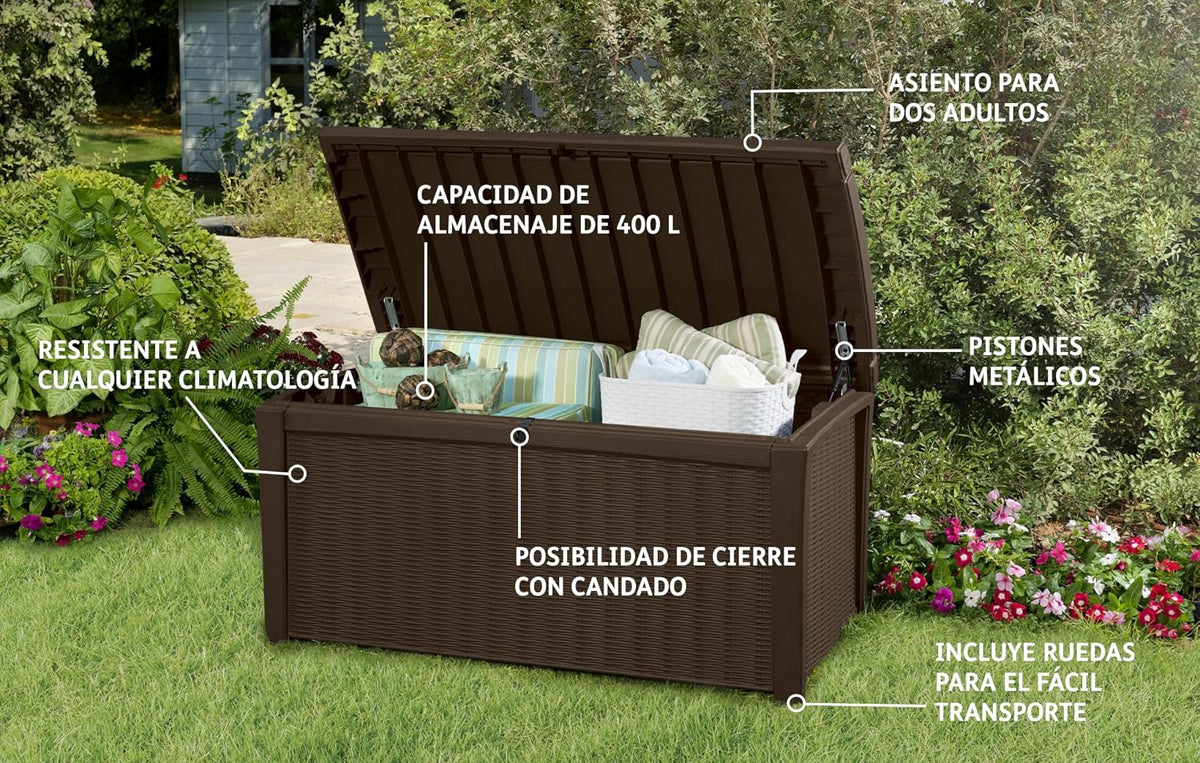 Keter Borneo 416L Outdoor 60% recycled Garden Furniture Storage Box Brown Rattan Effect | Fade Free | All Weather Resistant | Safe and Secure | Zero Maintenance | 2 year Warranty